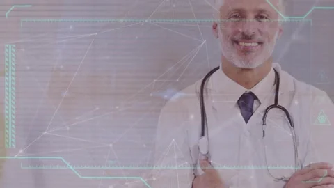 Animation of network of connections over caucasian female doctor Stock Footage 326099401