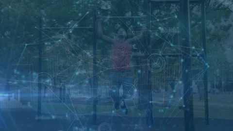 Animation of network of connections over caucasian man exercising outdoors Stock Footage 327357801