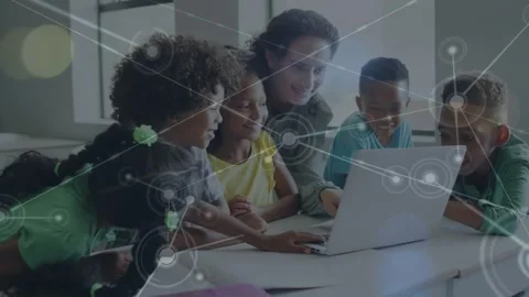 Animation of network of connections over caucasian female teacher and diverse Stock Footage 328529606