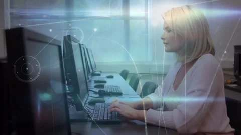 Animation of network of connections over caucasian female teacher using computer Stock Footage 328648005