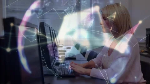 Animation of network of connections over caucasian female teacher using computer Stock Footage 328648009