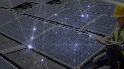 Animation of network of connections over caucasian engineer and solar panels Stock Footage 328974186