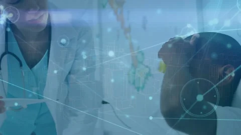 Animation of network of connections over caucasian male doctor talking to Stock Footage 329427514
