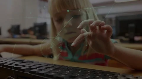 Animation of network of connections over caucasian schoolgirl using computer in Stock Footage 329923409