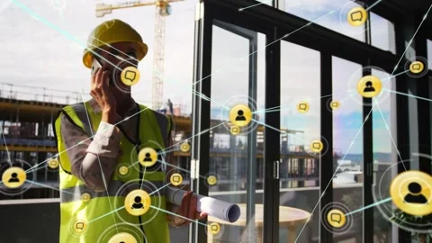Animation of network of connections over caucasian female engineer using Stock Footage 330402214