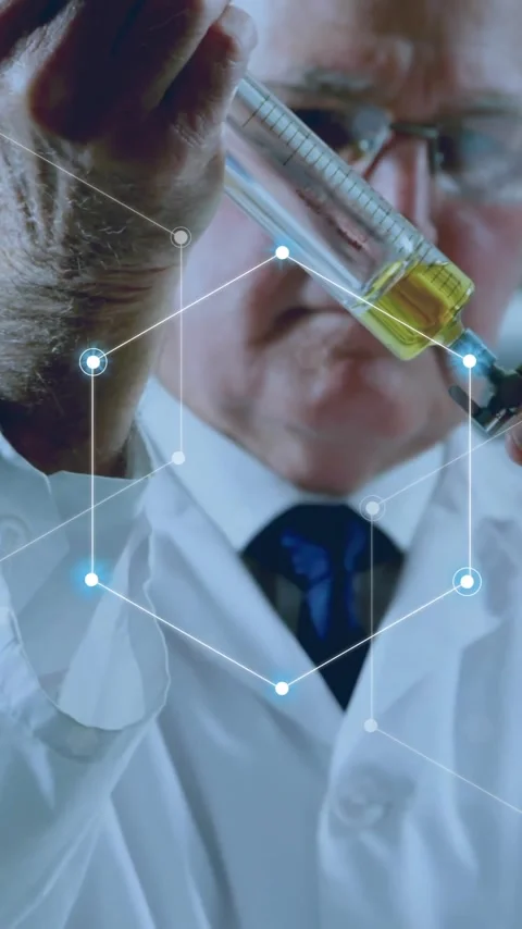 Animation of network of connections over caucasian male scientist working in lab Vídeos de archivo 341659967