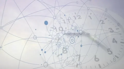 Animation of network connections over clock face, representing time and Stock Footage 330587754