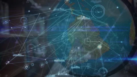 Animation of network of connections over close up of globe model in the library Stock Footage 330250970