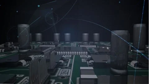Animation of network of connections over computer processor circuit board Stock Footage 156564945
