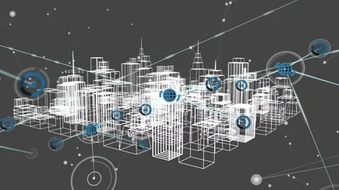 Animation of network of connections over digital city on grey background Video stock 328004480
