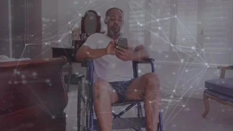 Animation of network of connections over disabled man using smartphone Stock Footage 330058227
