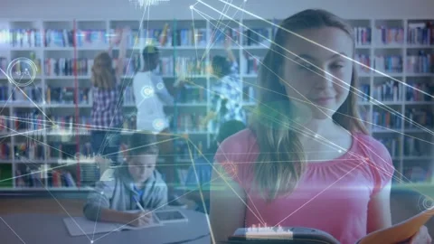 Animation of network of connections over diverse school children reading and Stock Footage 220375450