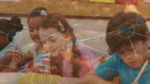Animation of network of connections over diverse children and teacher Stock Footage 316460097