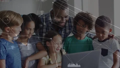 Animation of network of connections over diverse male teacher and students using Stock Footage 325704441