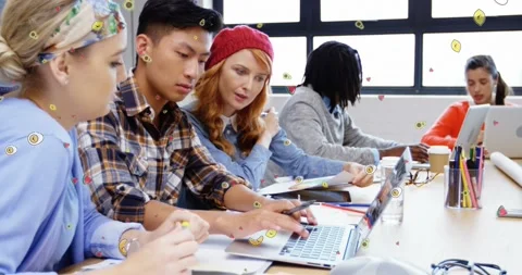 Animation of network of connections over diverse schoolchildren using computers Stock Footage 326033496