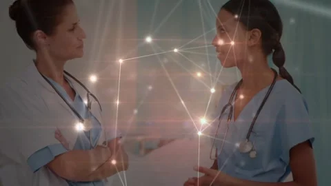 Animation of network of connections over diverse people using laptop Stock Footage 327002651
