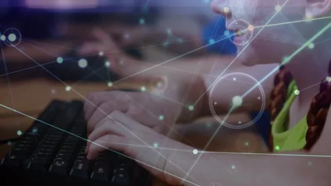 Animation of network of connections over diverse schoolchildren using computers Stock Footage 327006789