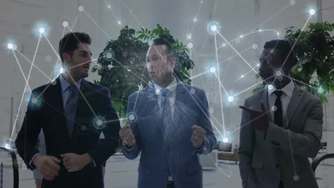 Animation of network of connections over diverse businessmen walking Stock Footage 327280589