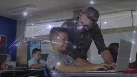 Animation of network of connections over diverse male teacher and boy using Stock Footage 327646389