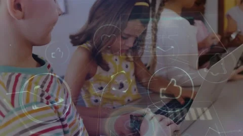 Animation of network of connections over diverse pupils using computers at Stock Footage 327780956