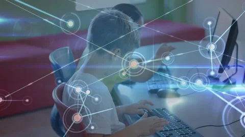 Animation of network of connections over diverse schoolchildren using computers Stock Footage 327843913