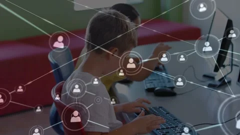 Animation of network of connections over diverse pupils using computers at Stock Footage 327848368