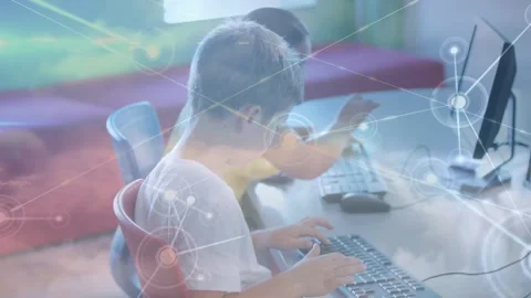 Animation of network of connections over diverse schoolchildren using computers Stock Footage 328356849
