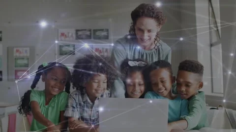Animation of network of connections over diverse female teacher and students Stock Footage 328360537