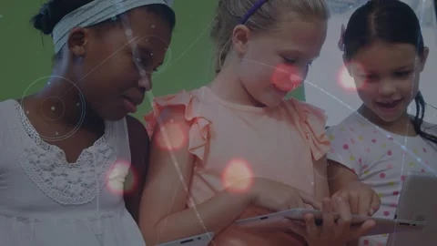 Animation of network of connections over diverse schoolchildren over teacher Stock Footage 329295531