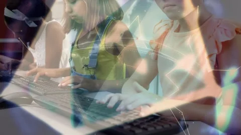 Animation of network of connections over diverse schoolchildren using computers Stock Footage 329967053