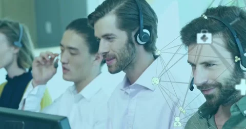 Animation of network of connections over diverse business people using phone Video stock 329968398