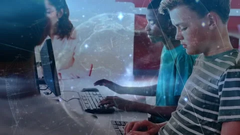 Animation of network of connections over diverse schoolchildren using computers Stock Footage 330254244