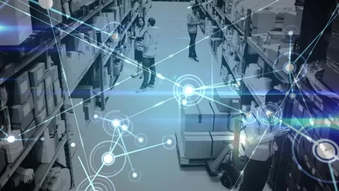 Animation of network of connections over diverse warehouse workers Stock Footage 330294301