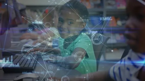 Animation of network of connections over diverse schoolchildren using computers Stock Footage 330296537