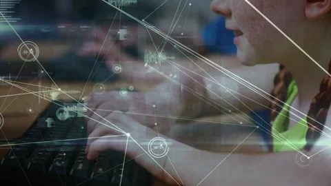 Animation of network of connections over diverse schoolchildren using computers Stock Footage 330468508