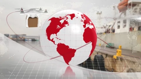 Animation of network of connections over drone with parcel over shipyard Stock Footage 159519336