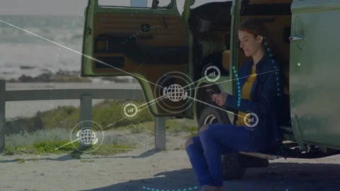 Animation of network of connections over drone with parcel over airport Stock Footage 326760540