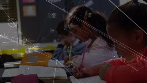 Animation of network of connections over female teacher and network of Stock Footage 329026797