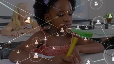 Animation of network of connections over focused african american girl at school Stock Footage 330051543