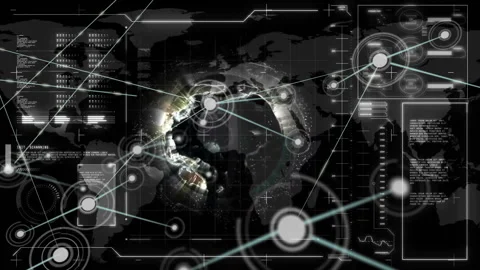 Animation of network of connections over globe and data processing on black Video stock 309355151
