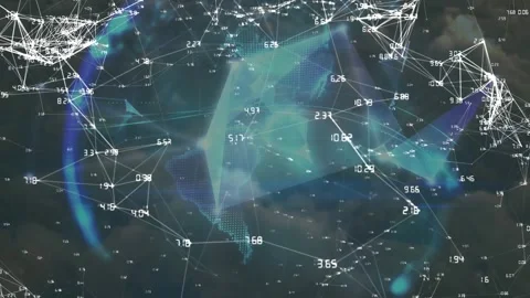 Animation of network of connections over globe of plexus networks against clouds Stock Footage 329968215