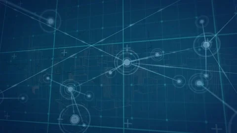 Animation of network of connections over grid network against blue background Video stock 329498369