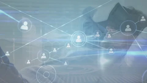 Animation of network of connections over hacker using computer Stock Footage 325964266