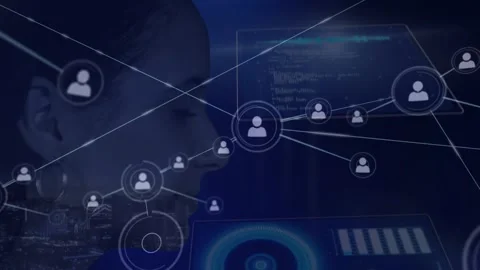 Animation of network of connections over hacker using computer Stock Footage 330728439