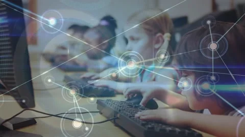 Animation of network of connections over happy diverse pupils using computers at Stock Footage 327445431