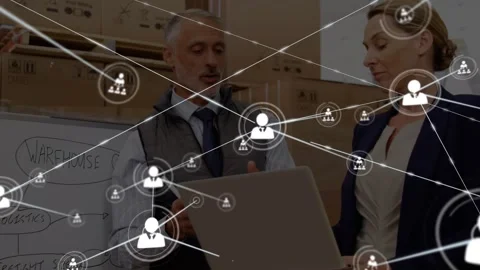 Animation of network of connections over happy caucasian female workers in Stock Footage 328243687