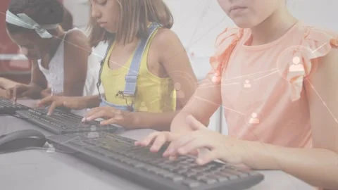 Animation of network of connections over happy diverse pupils using computers at Stock Footage 329985830