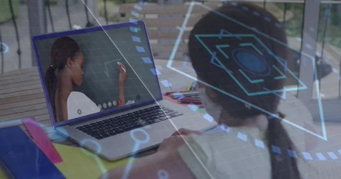 Animation of network of connections over icons over caucasian man using computer Stock Footage 328648290