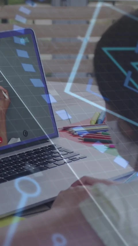 Animation of network of connections over icons over caucasian man using computer Stock Footage 342805833