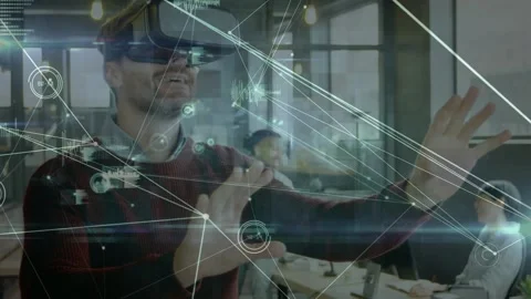 Animation of network of connections over man wearing vr headset Stock Footage 329568373